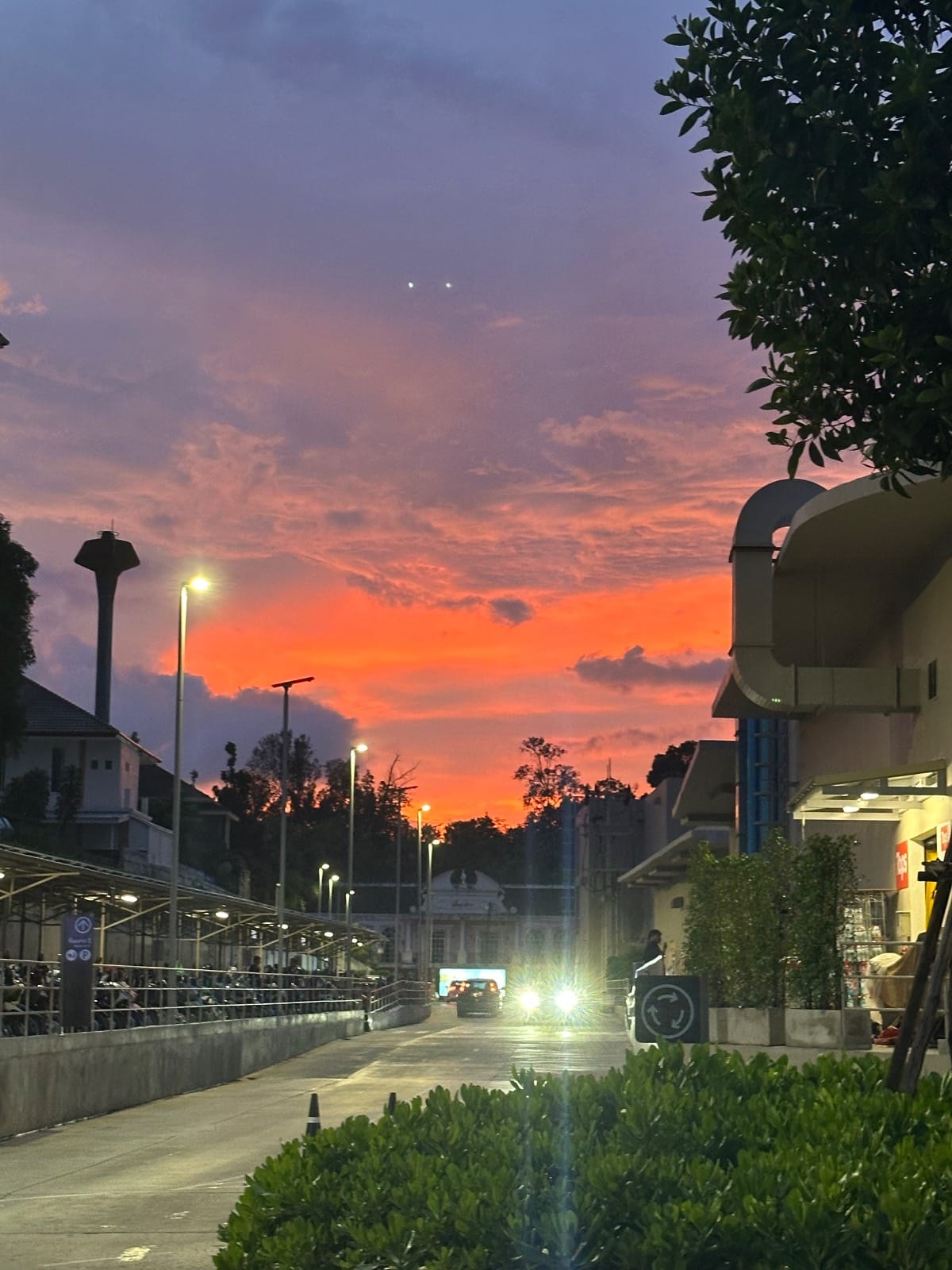 pink sky behind the mall
