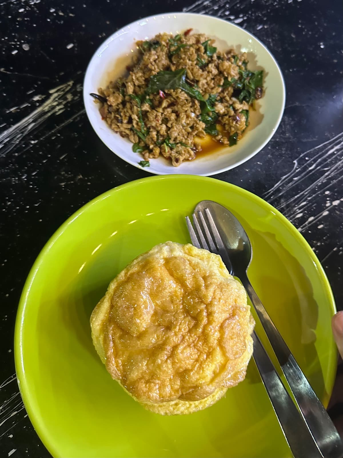 Pork kra pao with omelet