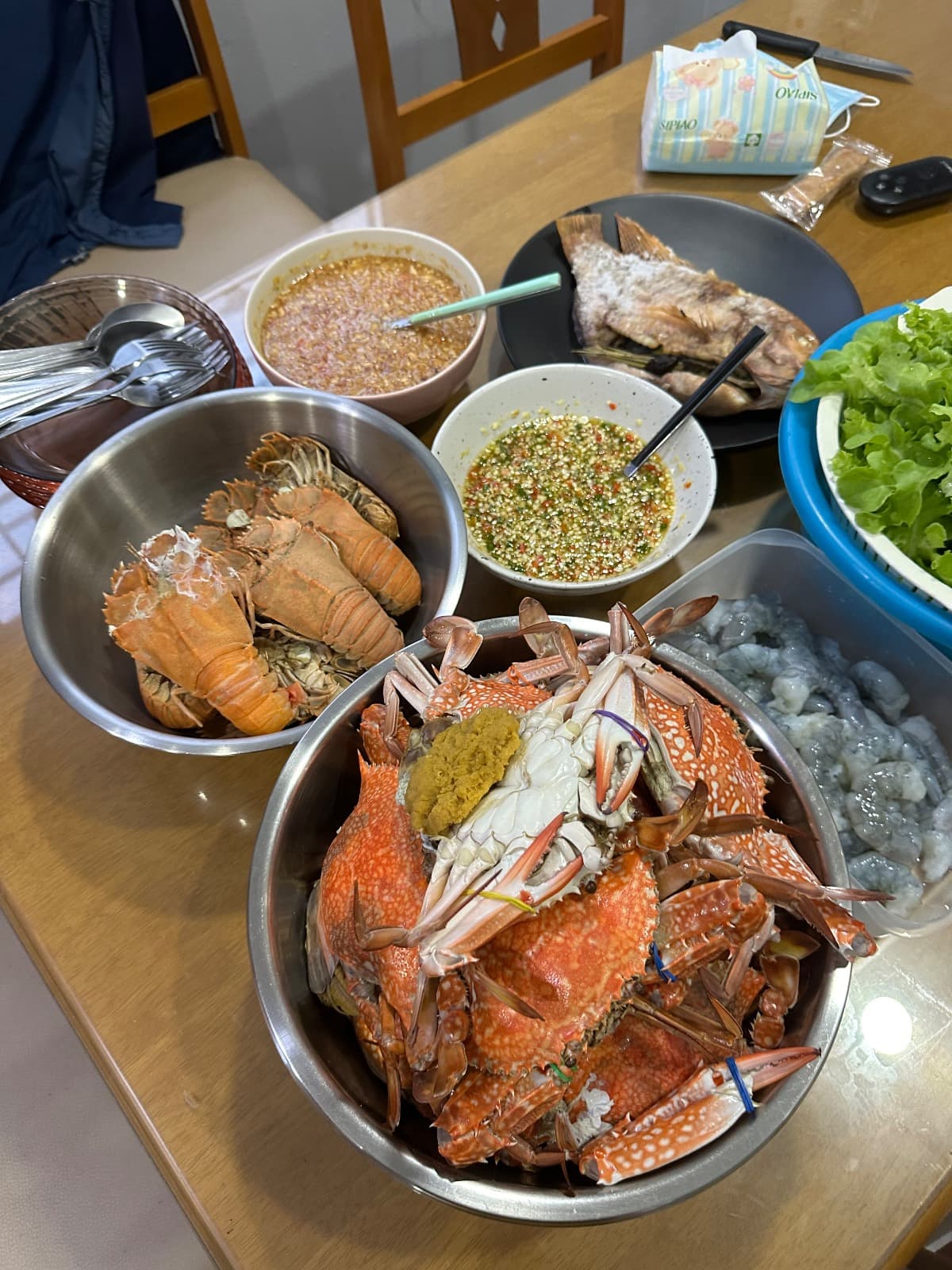 Seafood dinner spread